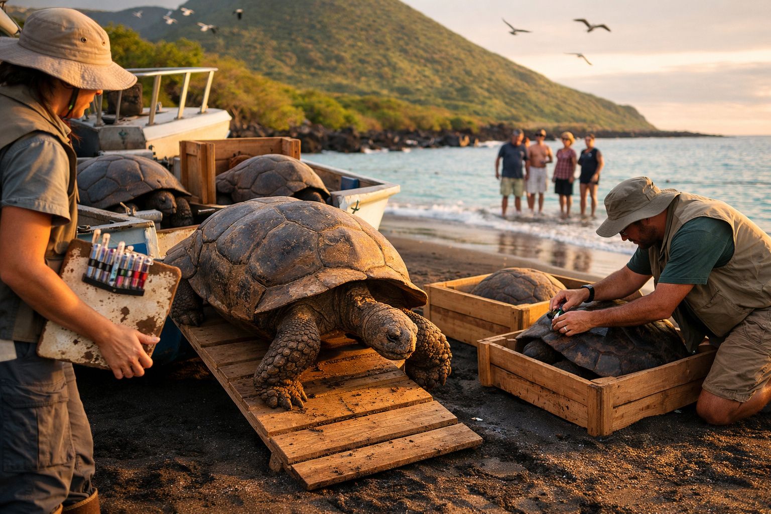 Biólogos libertam tartarugas gigantes numa praia, com montanha ao fundo e pessoas a observar na água.