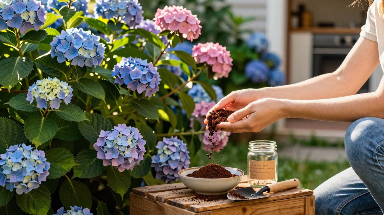 Pessoa a segurar terra com as mãos ao lado de flores hortênsias azuis, lilases e rosas num jardim.