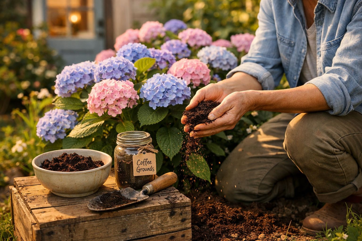 Pessoa de jeans e calças castanhas a preparar composto de borra de café para jardinagem junto a flores hortênsias cor-de-rosa