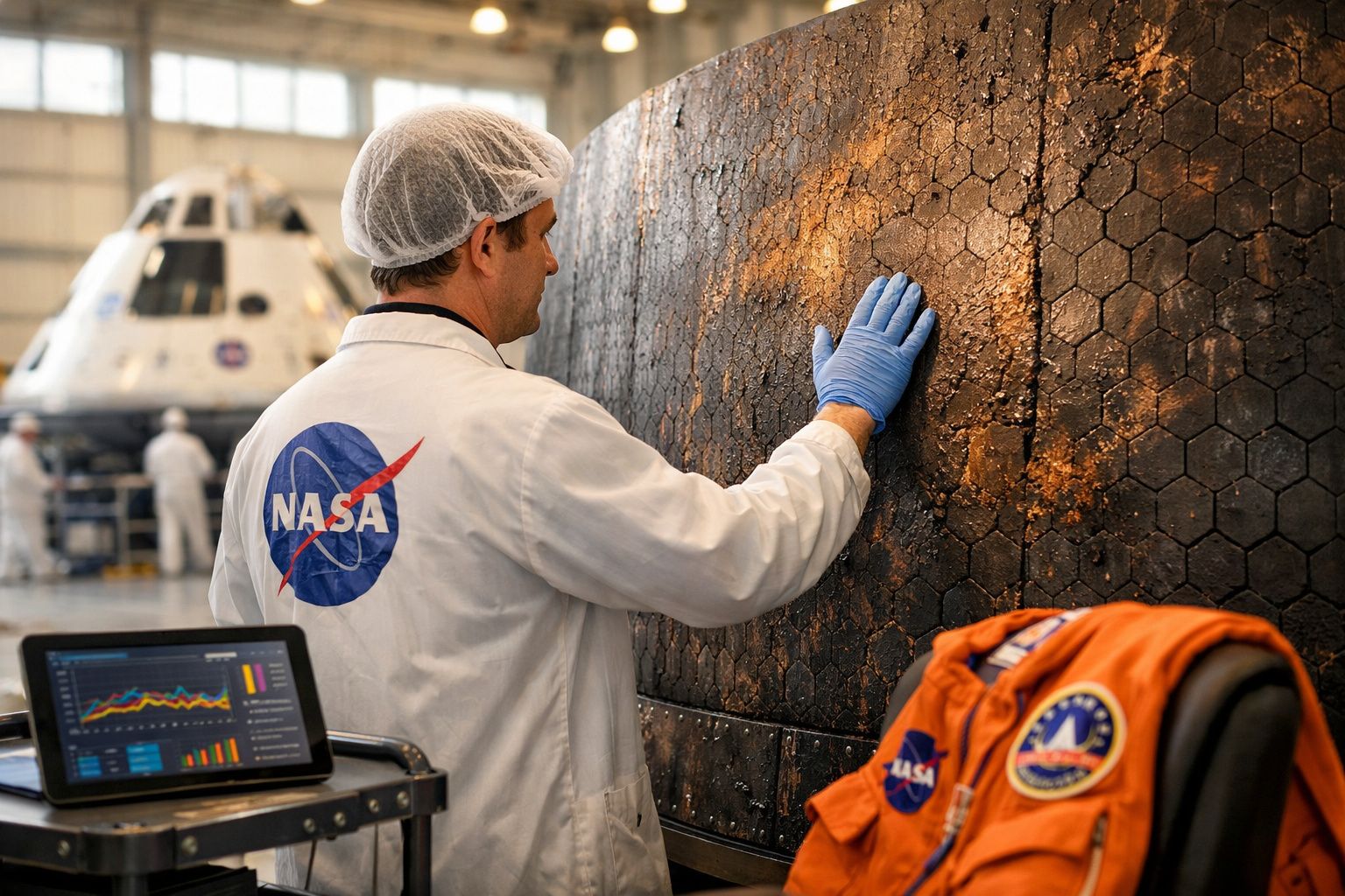 Técnico da NASA inspeciona escudo térmico de nave espacial com fatos espaciais e painéis de análise.