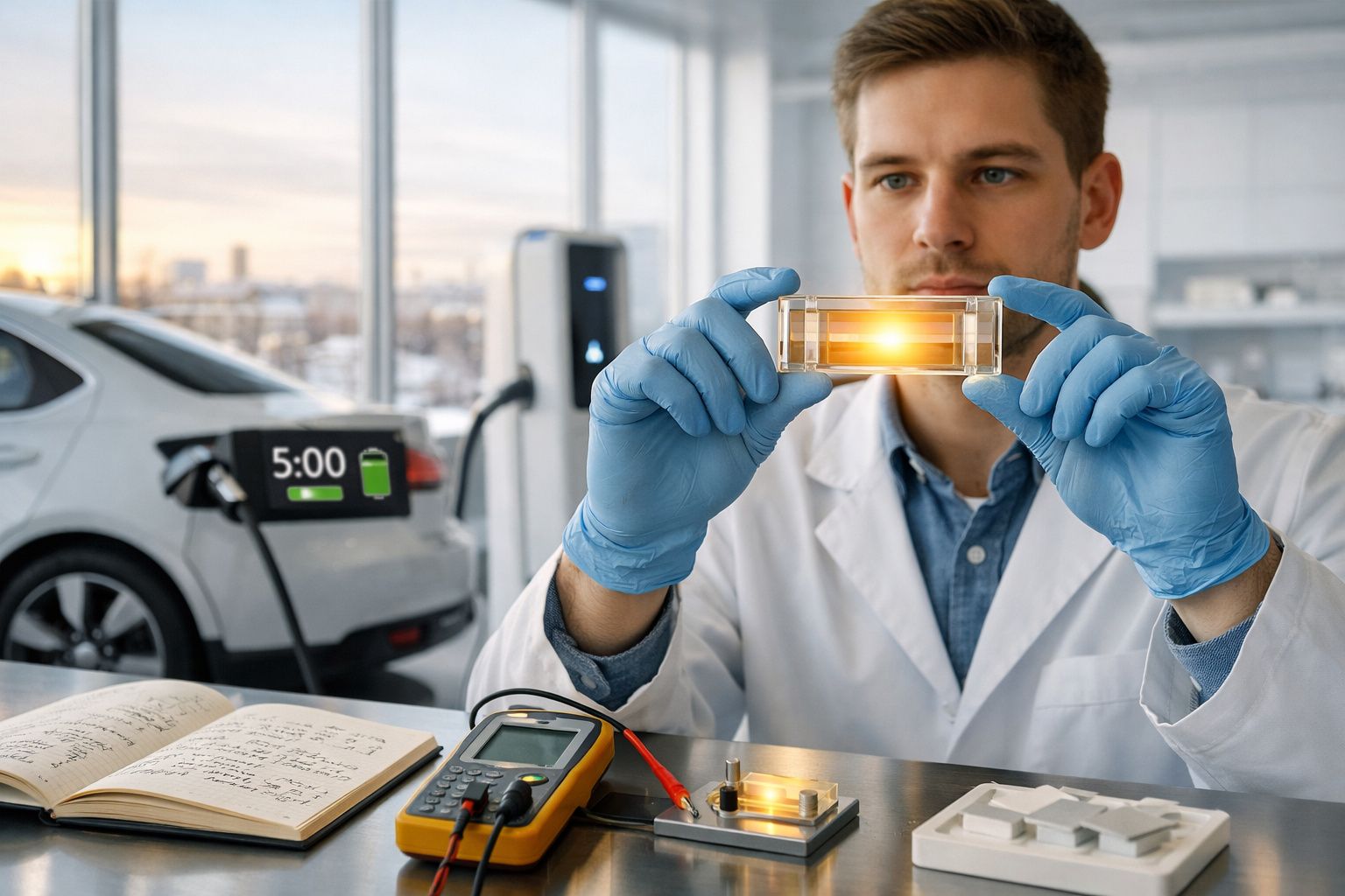 Cientista em laboratório analisando célula de combustível diante de carro elétrico a carregar.