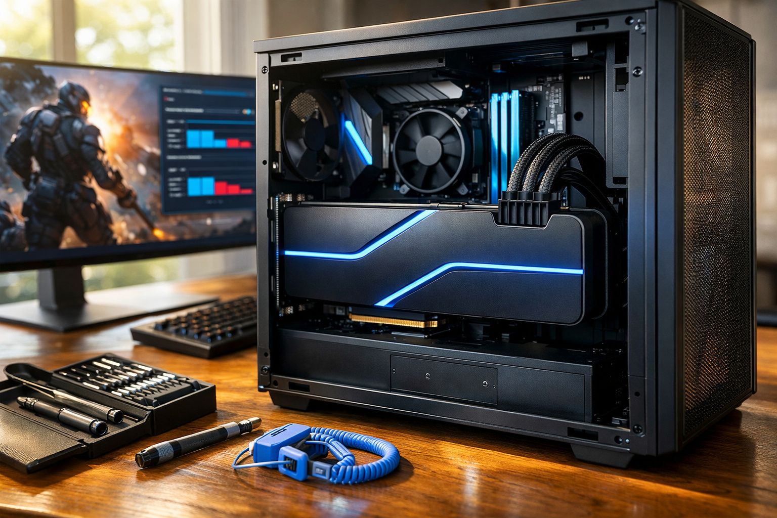 Computador aberto numa mesa com componentes internos visíveis e monitor com videojogo em fundo desfocado.