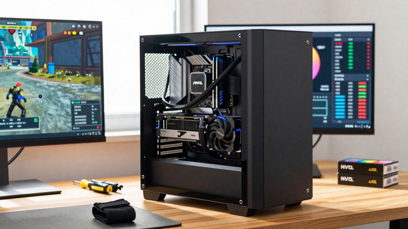 Computador de secretária aberto com componentes visíveis entre dois monitores em ambiente de trabalho.