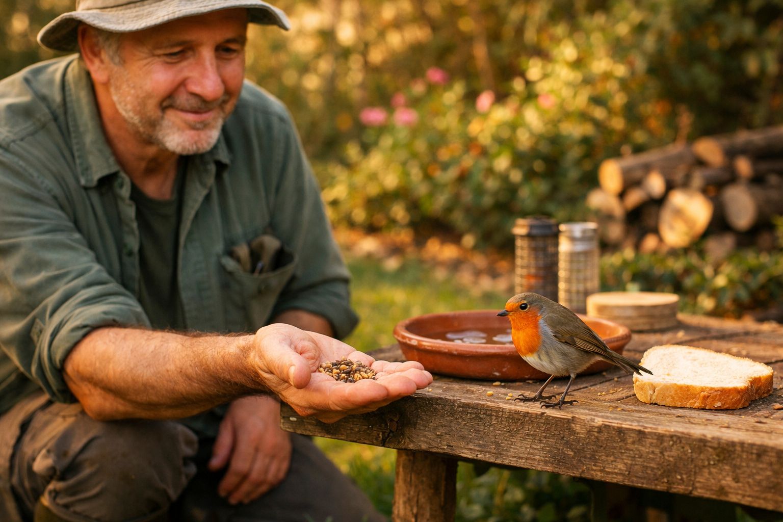 Pessoa a alimentar um passarinho com sementes num jardim, com pão e bolachas sobre a mesa.