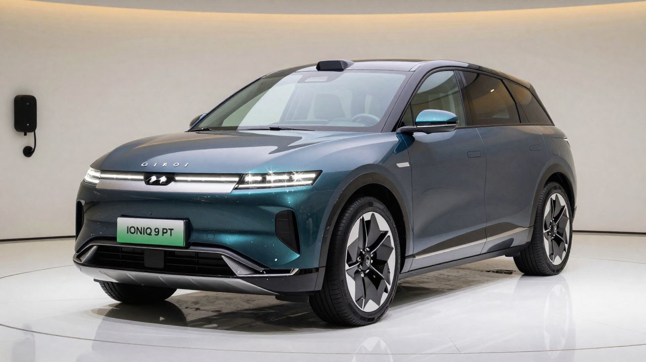 Carro elétrico SUV futurista azul metálico, modelo Ioniq 9 PT, em exposição numa sala iluminada.