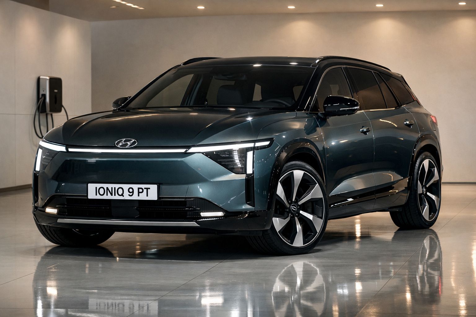 Carro elétrico Hyundai Ioniq 9 PT verde escuro estacionado em interior moderno.