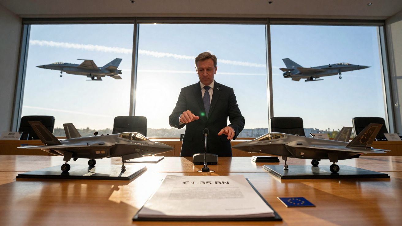 Homem de fato em sala com duas miniaturas de aviões de combate e vinte jatos sobrevoando janela grande.