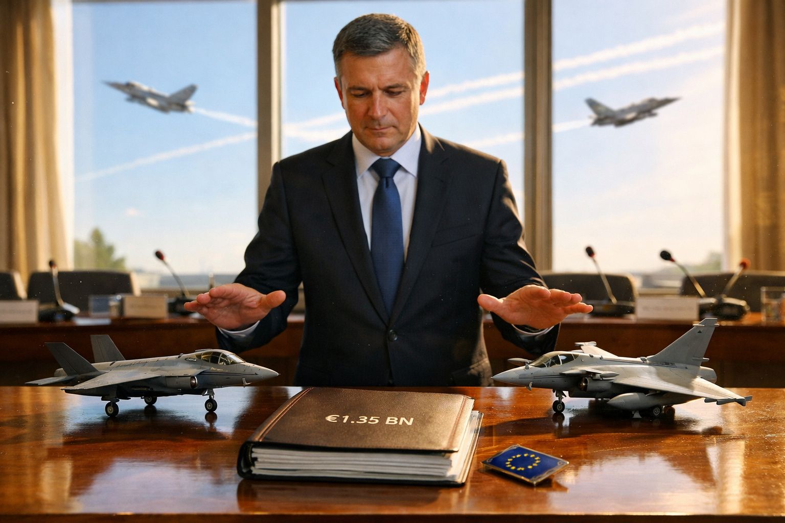 Homem de fato diante de dois modelos de aviões de combate e documento com valor de €1.35 mil milhões.