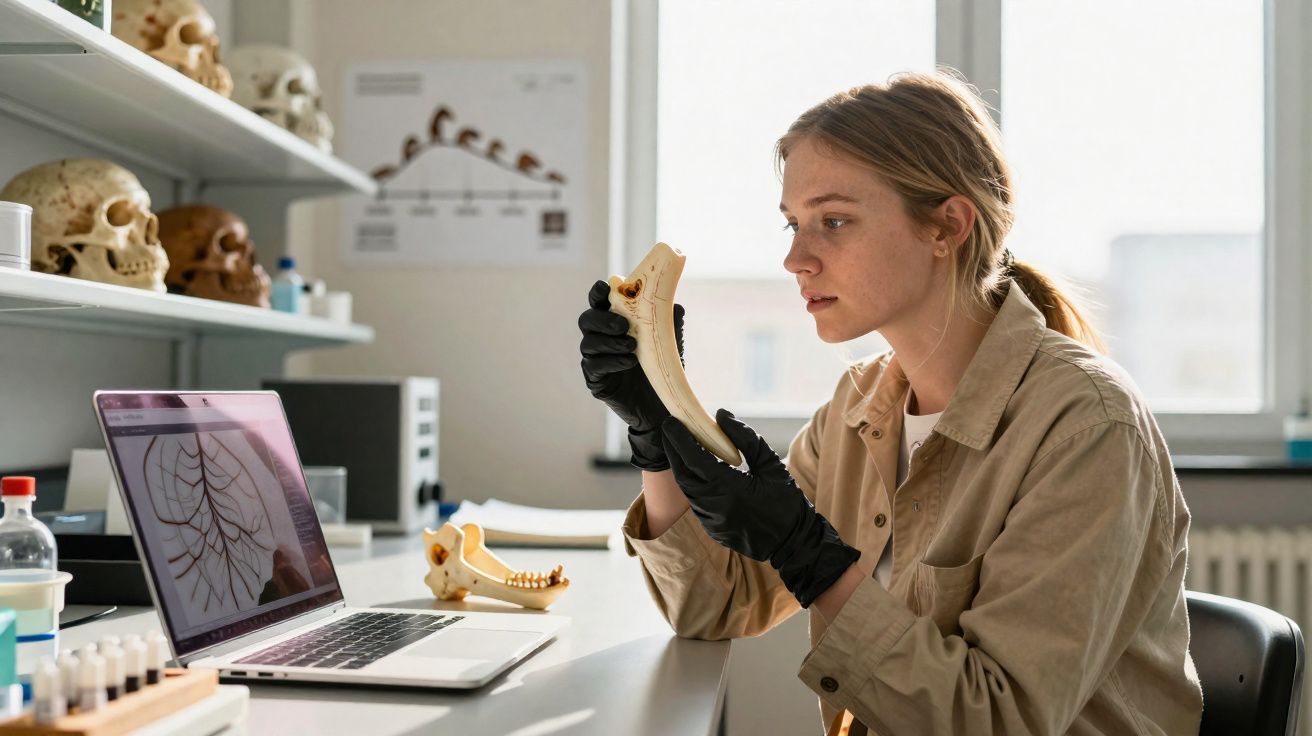 Pessoa com luvas a analisar mandíbula em laboratório com modelos de crânios e computador.
