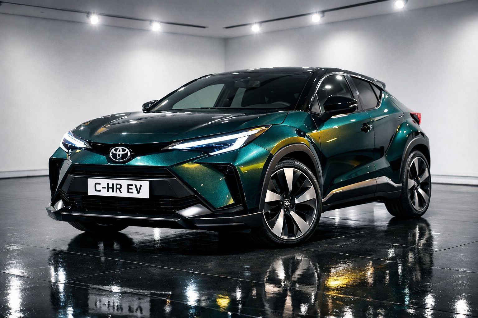 Carro elétrico Toyota C-HR EV verde escuro com detalhes pretos num estúdio iluminado.