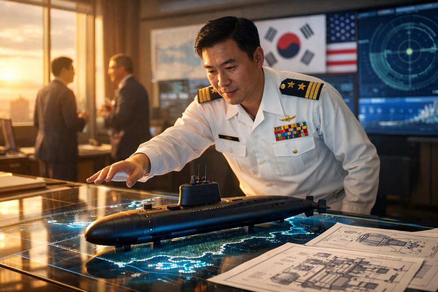 Oficial naval asiático em uniforme branco analisa maqueta de submarino numa sala de operações.