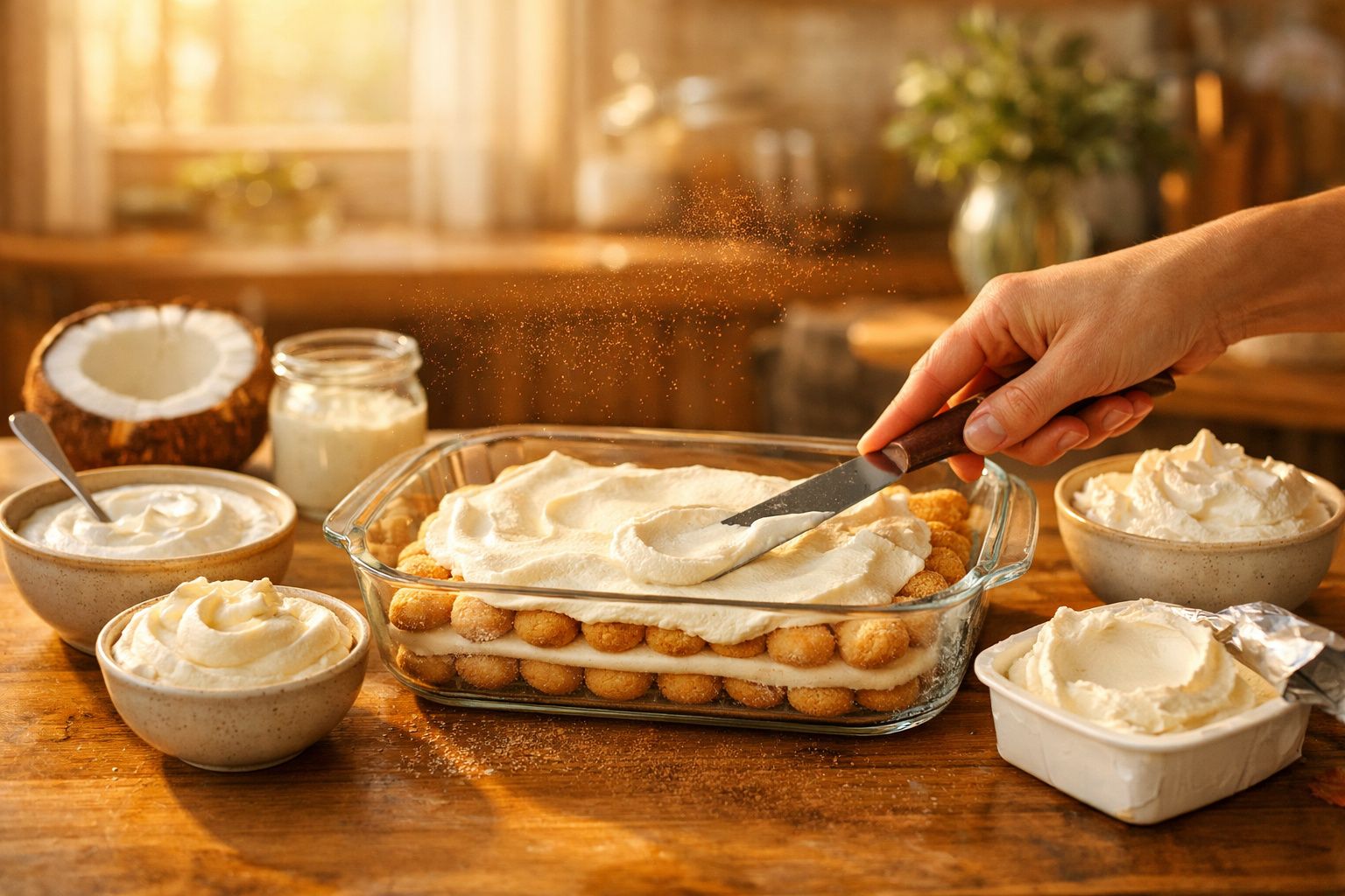 Mão a espalhar creme numa sobremesa com bolachas e vários recipientes de creme numa mesa de madeira.