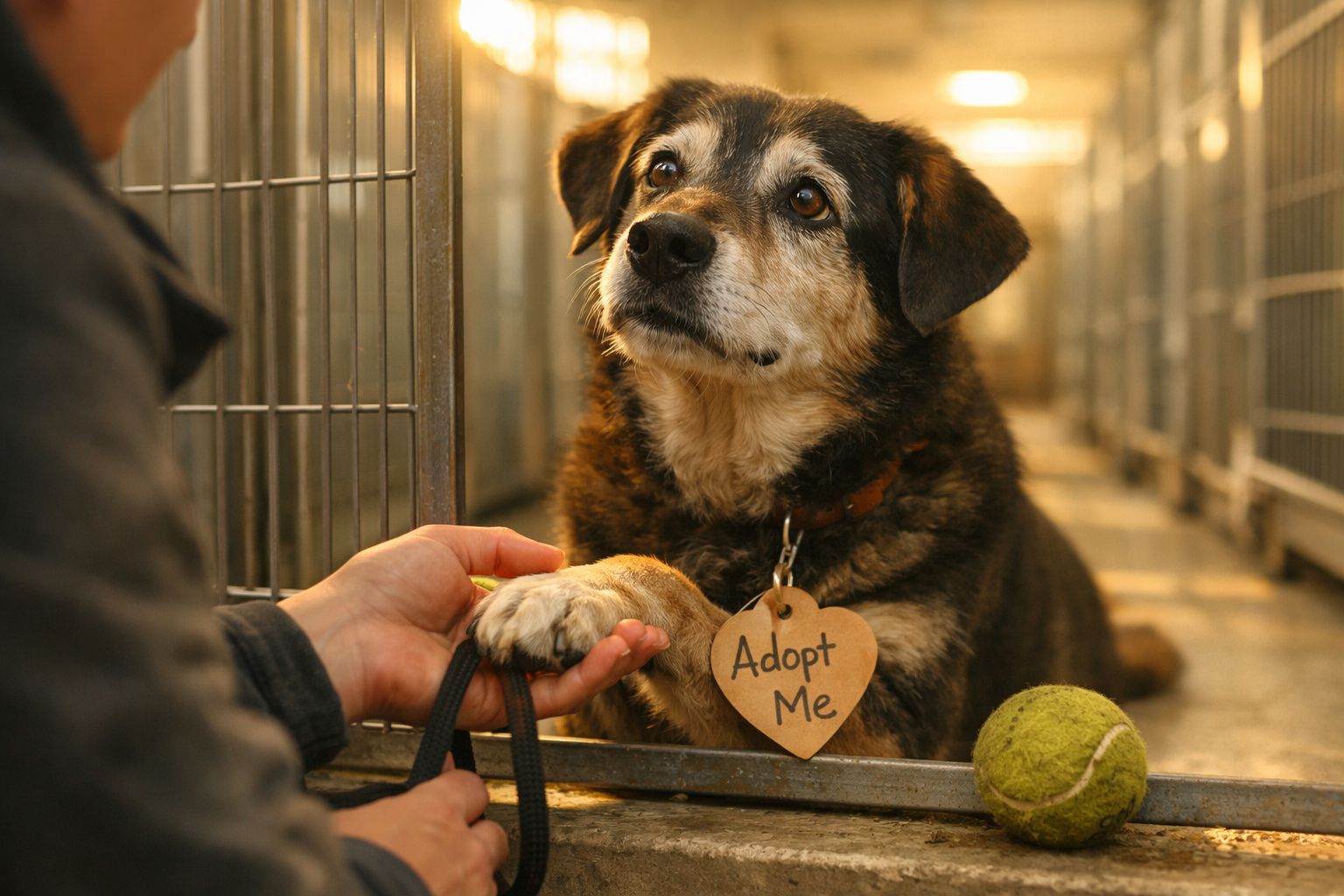 Cão num canil com placa "Adopt Me" a dar a pata a uma pessoa, bola de ténis no chão.