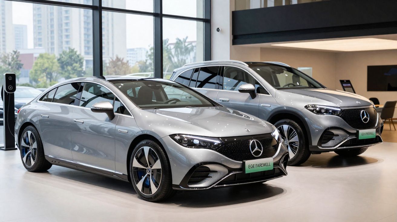 Dois carros eléctricos Mercedes-Benz prata expostos numa sala de vendas moderna com janelas grandes.