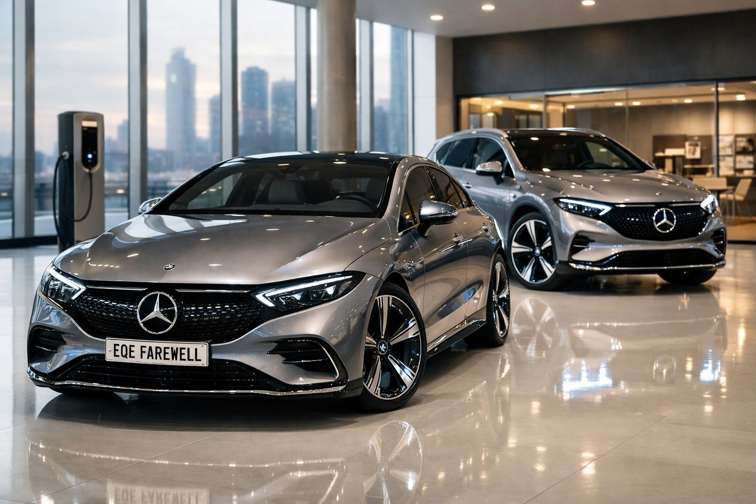 Dois carros elétricos Mercedes-Benz prateados em exposição numa sala moderna com grandes janelas.