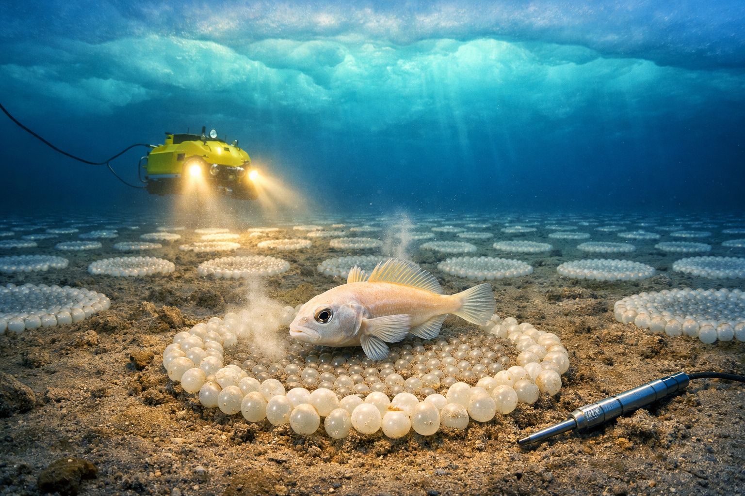 Peixe sobre leito de esferas no fundo do mar, iluminado por submarino amarelo com luzes acesas.