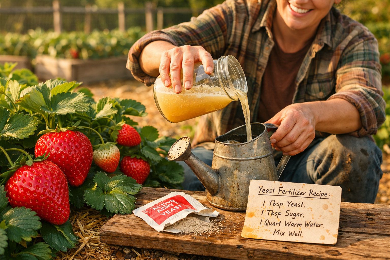 Pessoa a verter fertilizante caseiro em jarro de metal junto a morangueiros com frutos maduros e receita à vista.