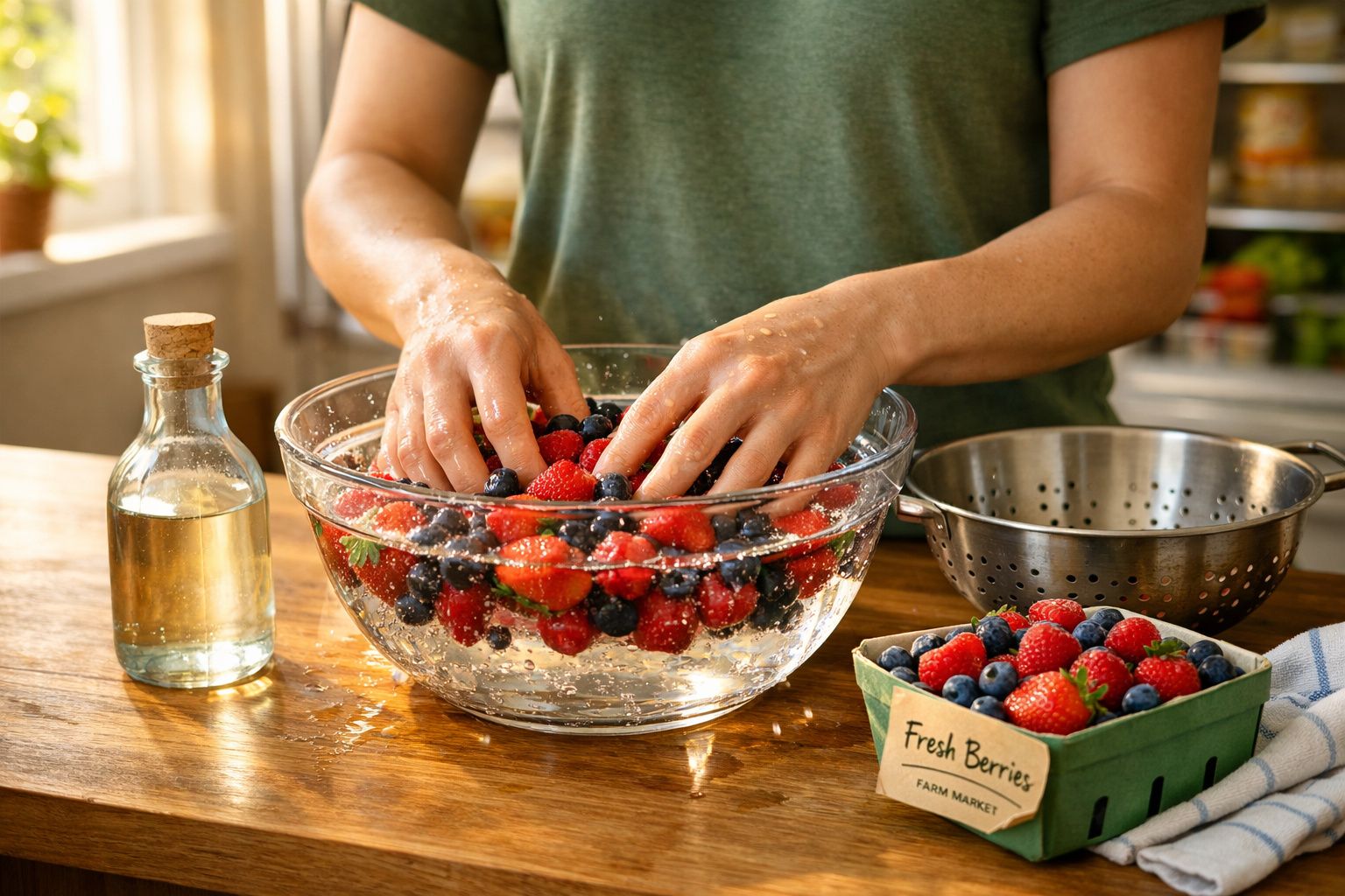 Pessoa a lavar frutos vermelhos numa tigela de vidro com água numa cozinha iluminada.