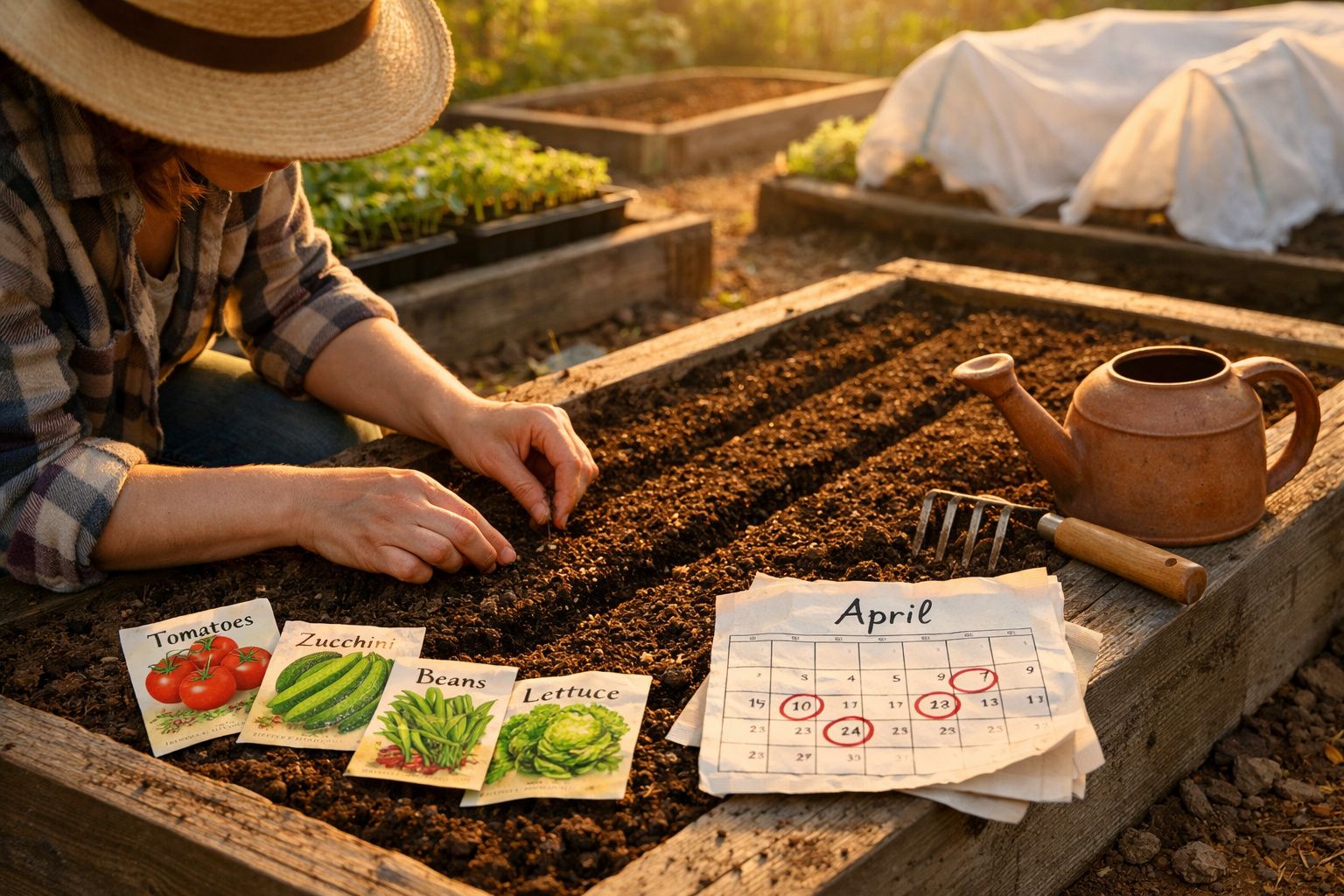 Pessoa a plantar sementes em canteiros com etiquetas de tomate, courgette, feijão e alface, ao lado de um calendário de abril
