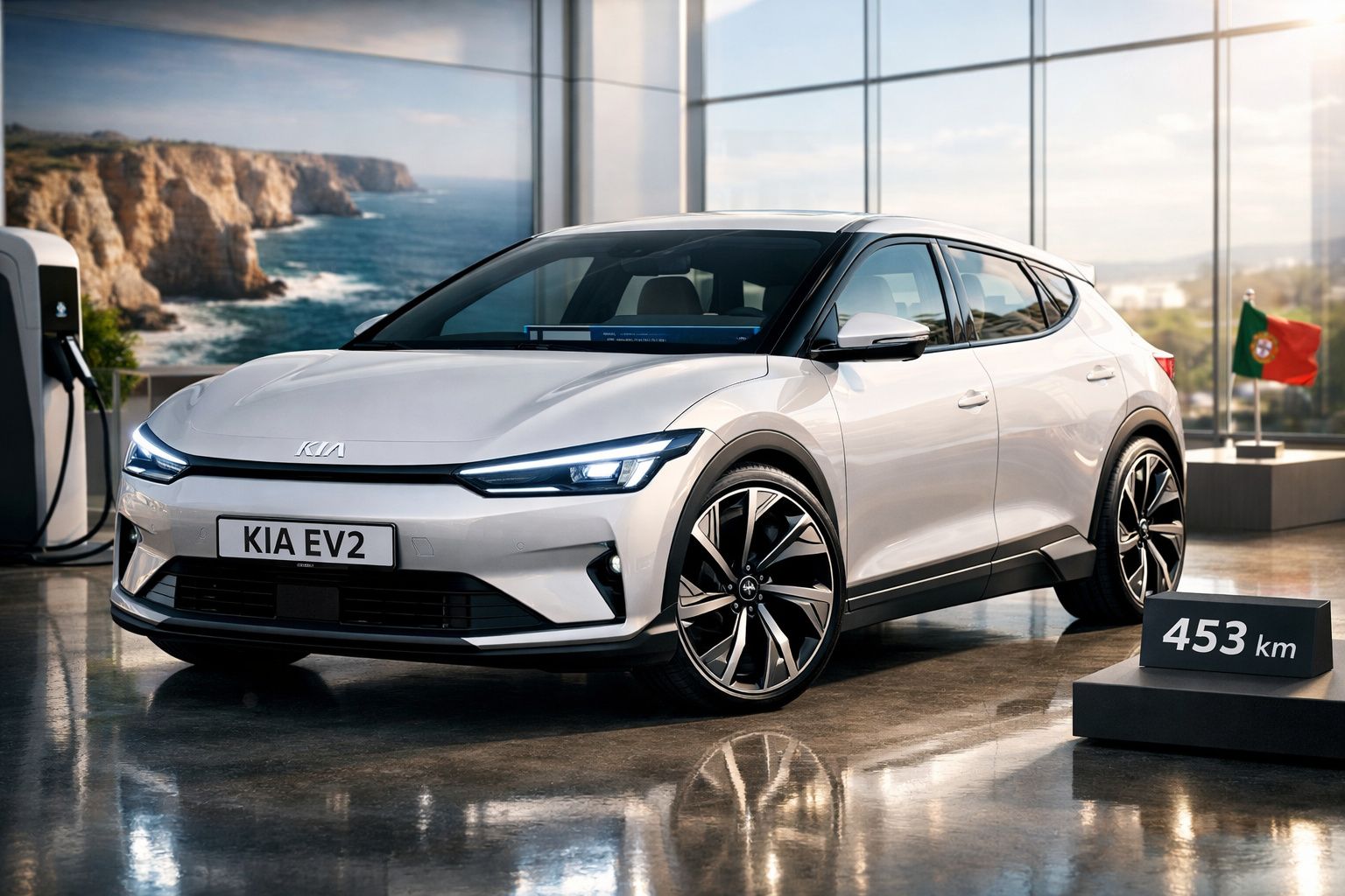 Carro elétrico Kia EV2 prateado estacionado em showroom com vista para o mar e marcador de autonomia de 453 km.