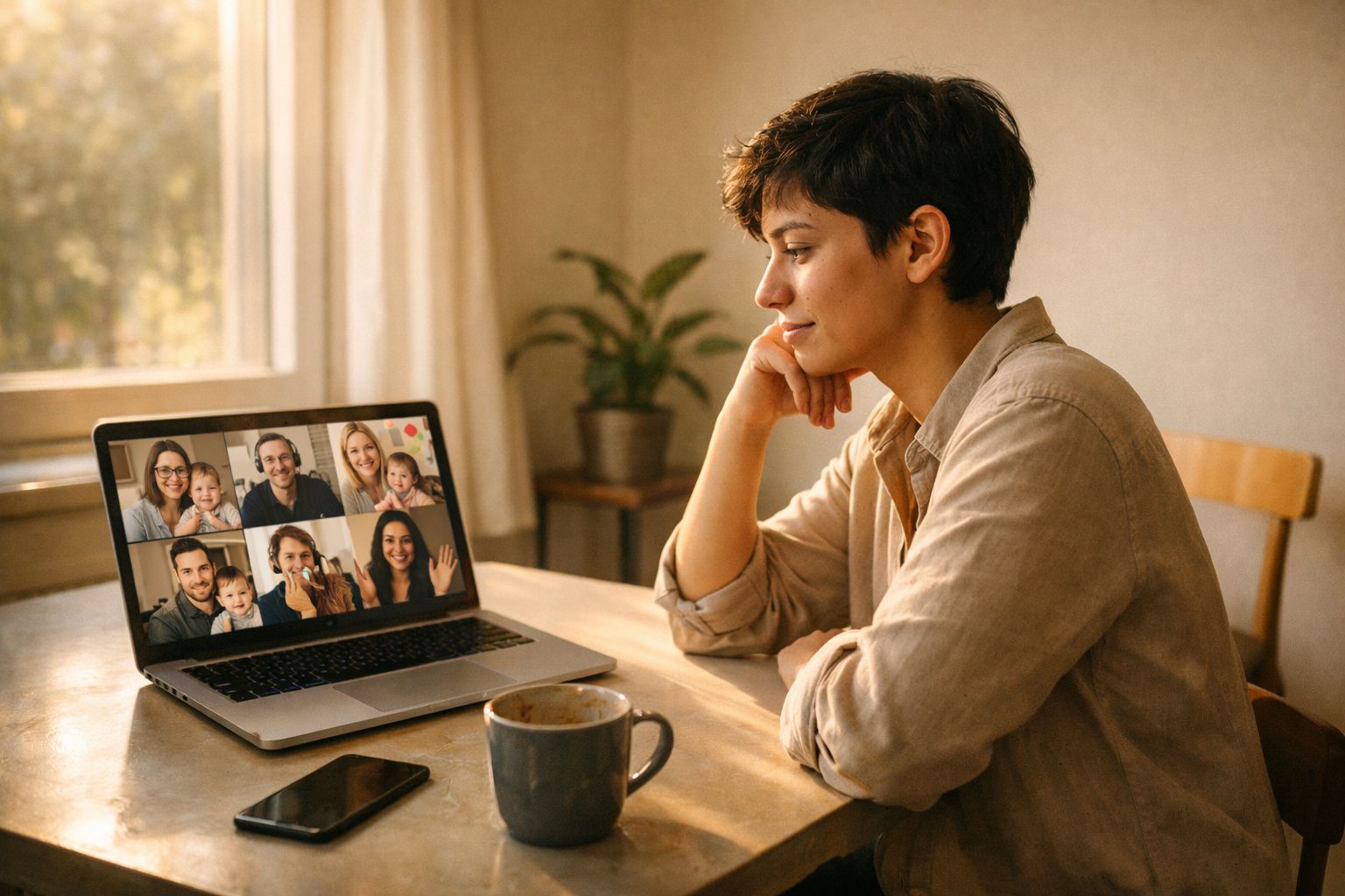 Pessoa a participar numa videochamada com familiares ou amigos num ambiente acolhedor em casa.