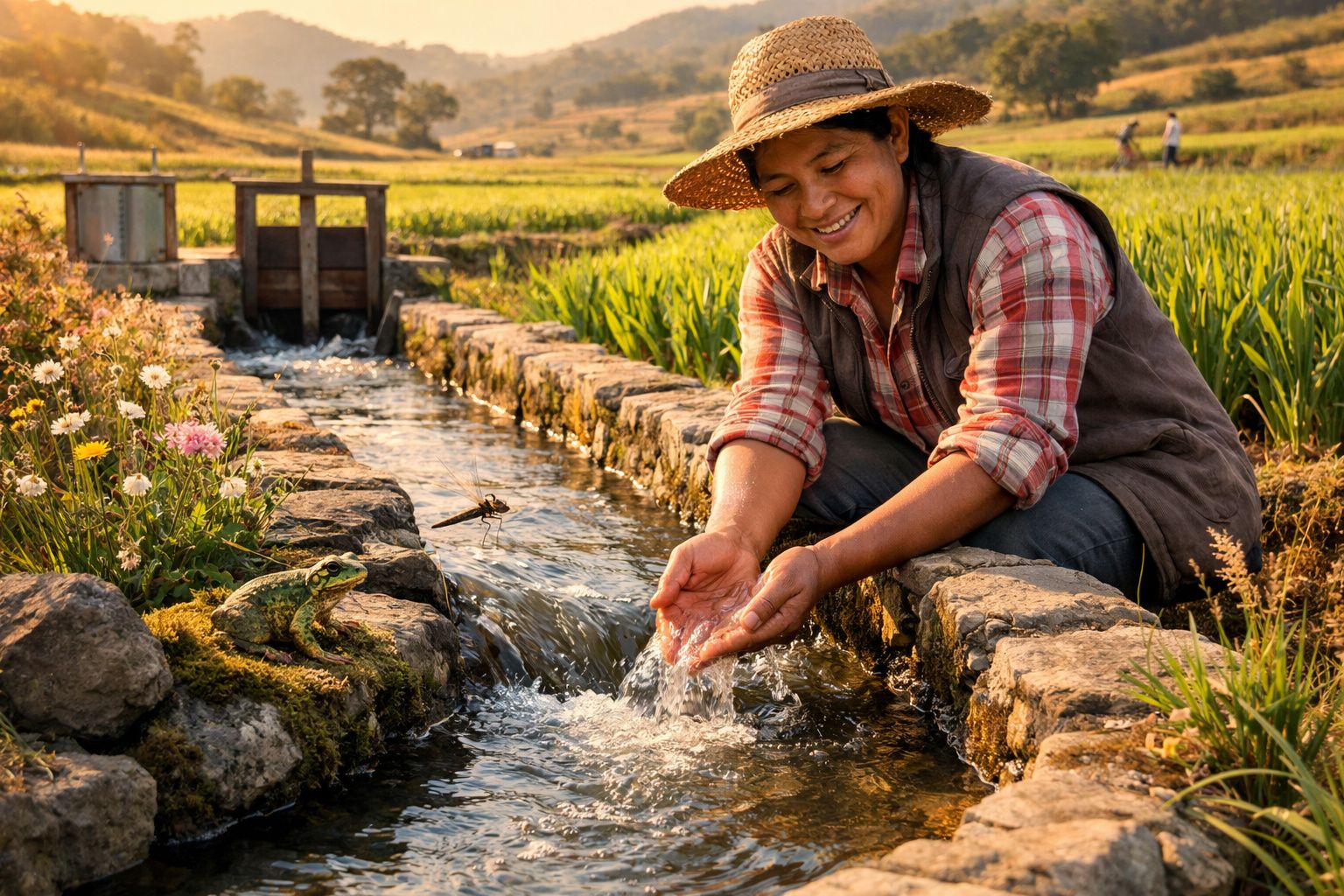 Mulher sorridente com chapéu colhe água num canal entre campos verdes ao pôr do sol.