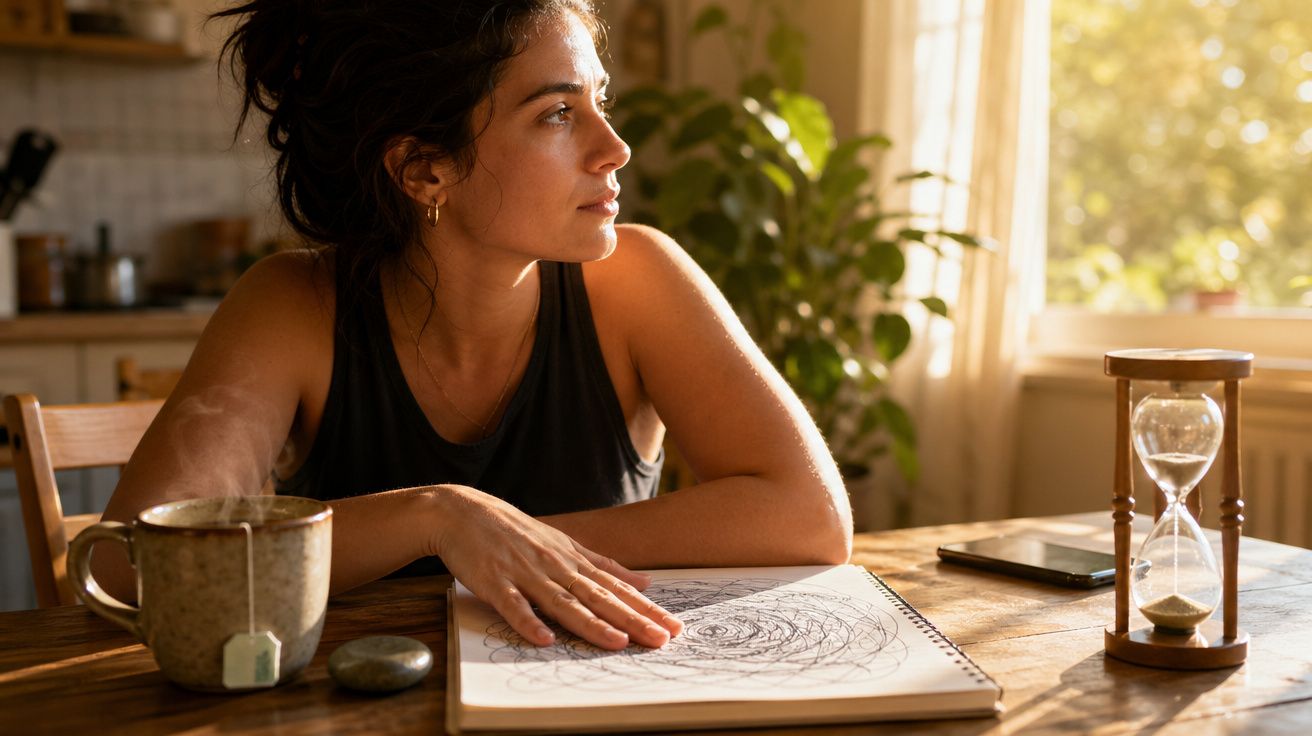 Mulher sentada à mesa com chá, olhando pela janela, com desenho e ampulheta à sua frente.
