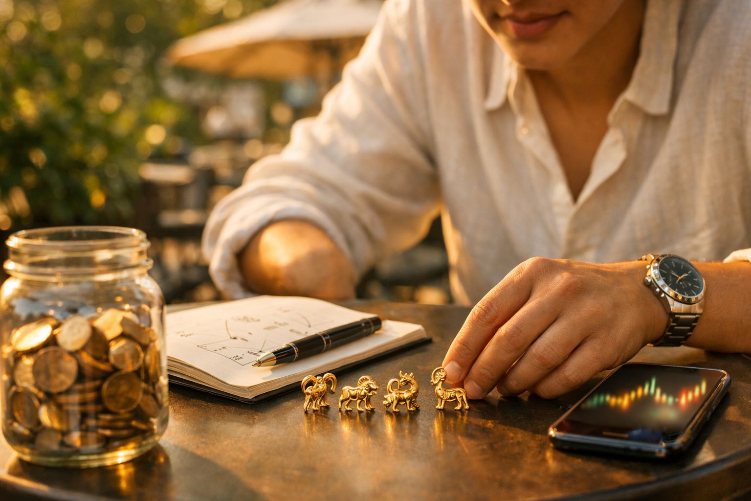 Pessoa com relógio a alinhar miniaturas douradas de signos do zodíaco numa mesa com caderno, vaso de moedas e telemóvel.