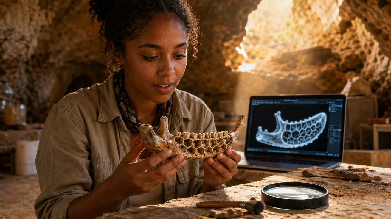 Mulher a examinar mandíbula fóssil com imagem digital no portátil numa caverna arqueológica.