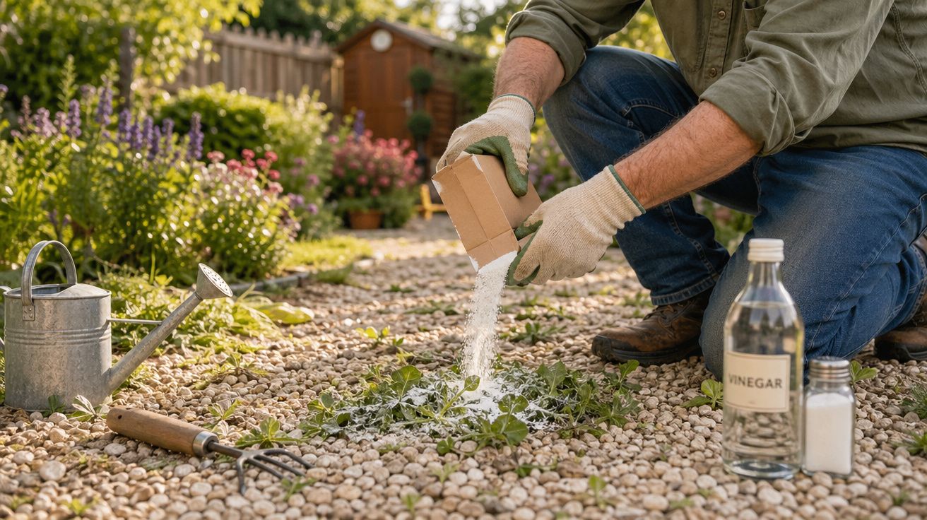 Pessoa a aplicar sal ou bicarbonato como desinfetante em plantas num jardim com regador e garrafa de vinagre.
