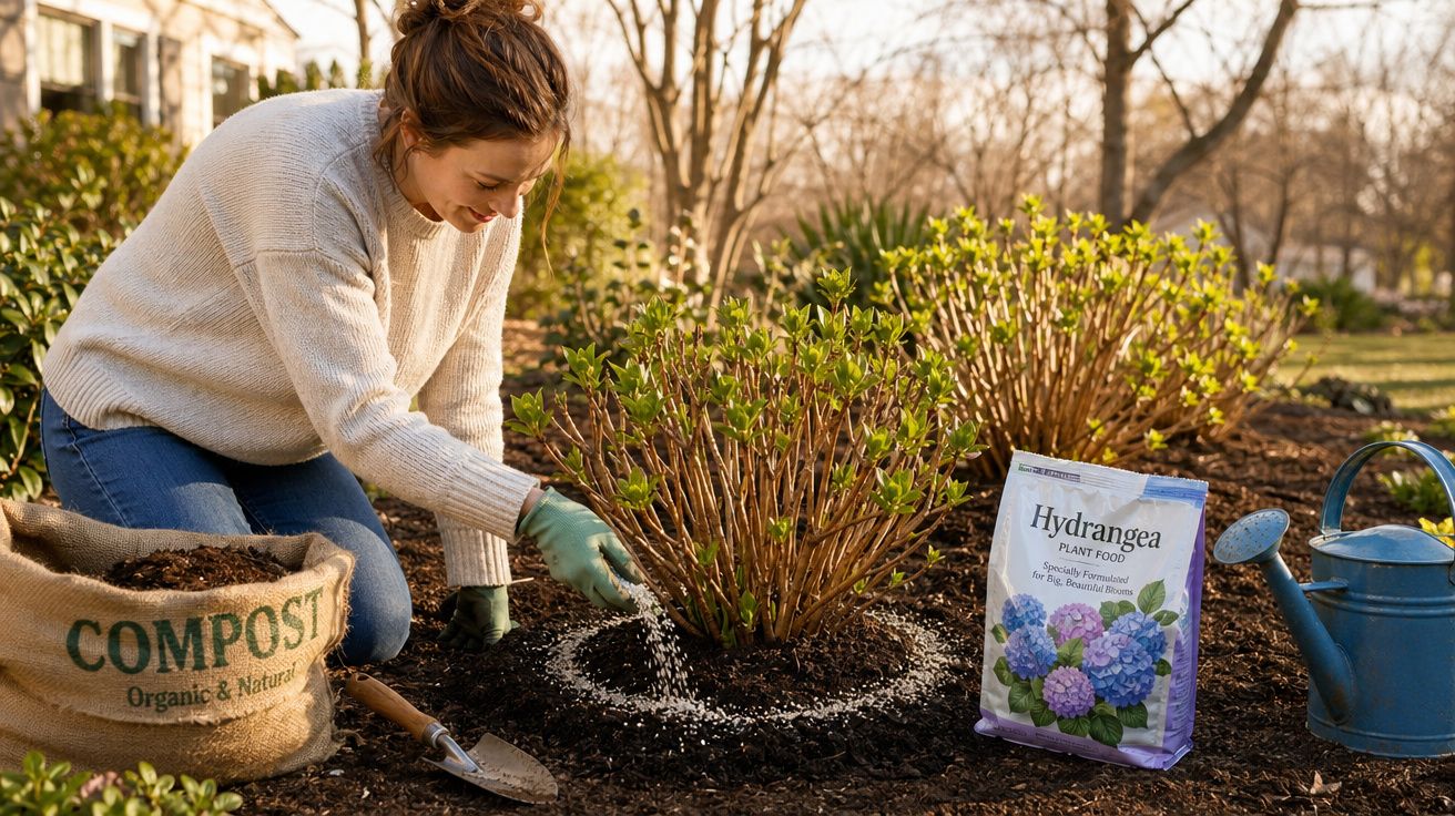 Mulher a cuidar de arbusto, espalhando adubo, com saco de composto e regador no jardim.