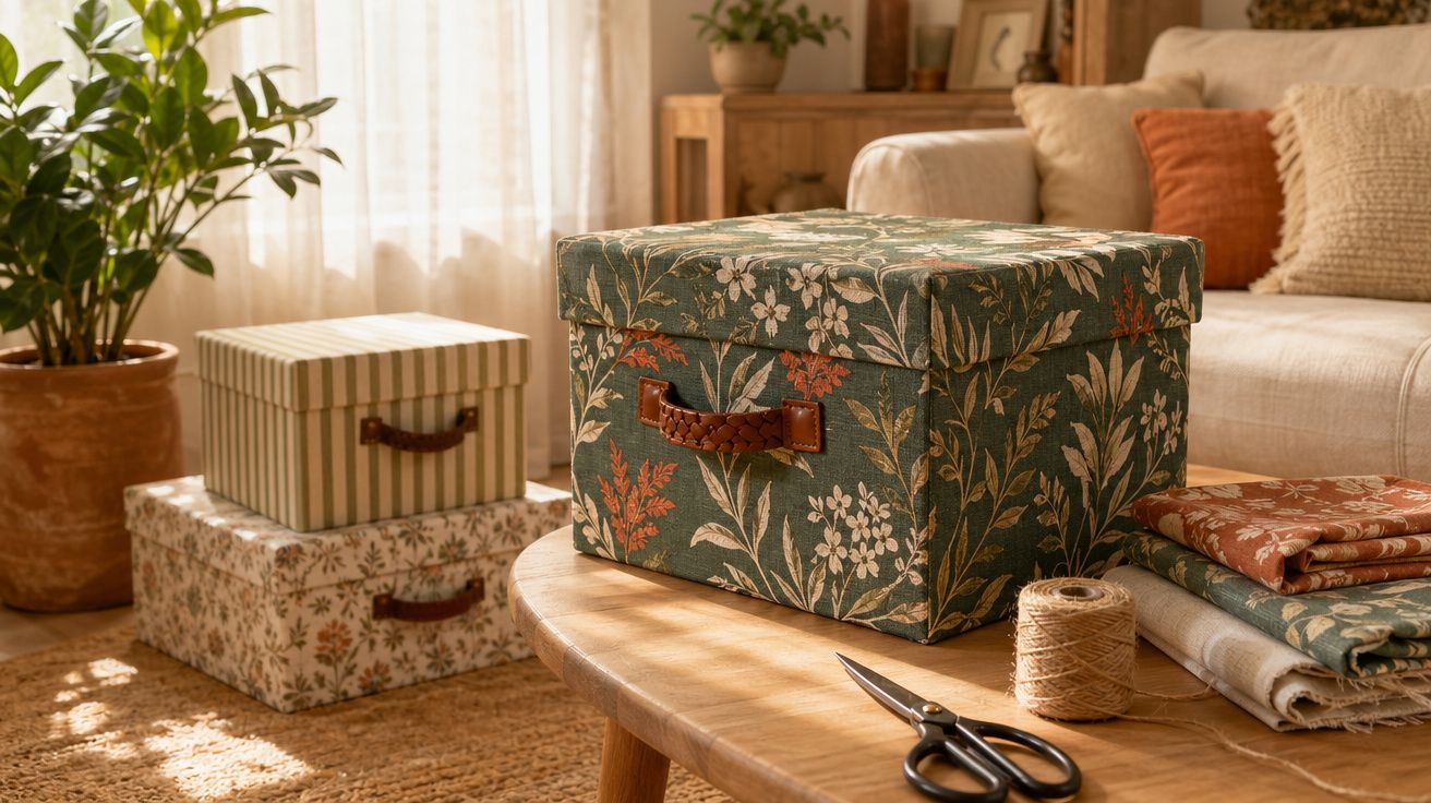 Caixas decorativas floridas, tesoura, novelos de linha e tecidos sobre mesa em sala de estar iluminada.
