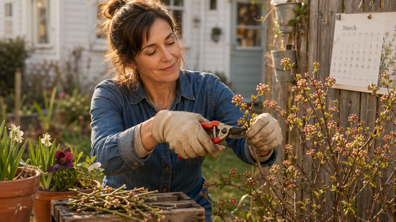 Mulher a podar ramos de arbusto florido num jardim durante o dia com luvas de jardinagem.
