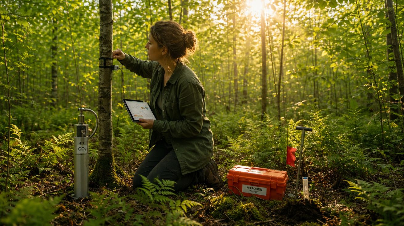 Mulher a realizar medições ambientais numa floresta densa com tablet, cilindro de CO2 e estojo de teste de azoto.