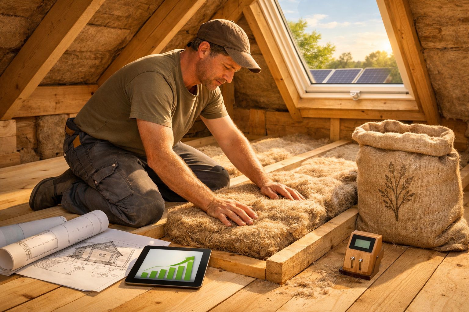 Homem a instalar isolamento natural numa sótão com painéis solares visíveis através da janela.