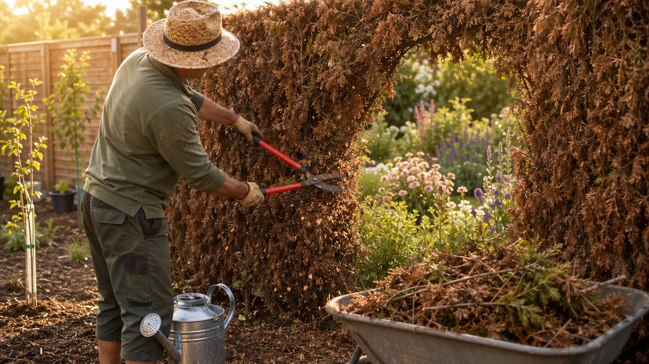 Homem a podar sebe seca com tesoura de jardim num jardim ensolarado com carrinho de mão ao lado.
