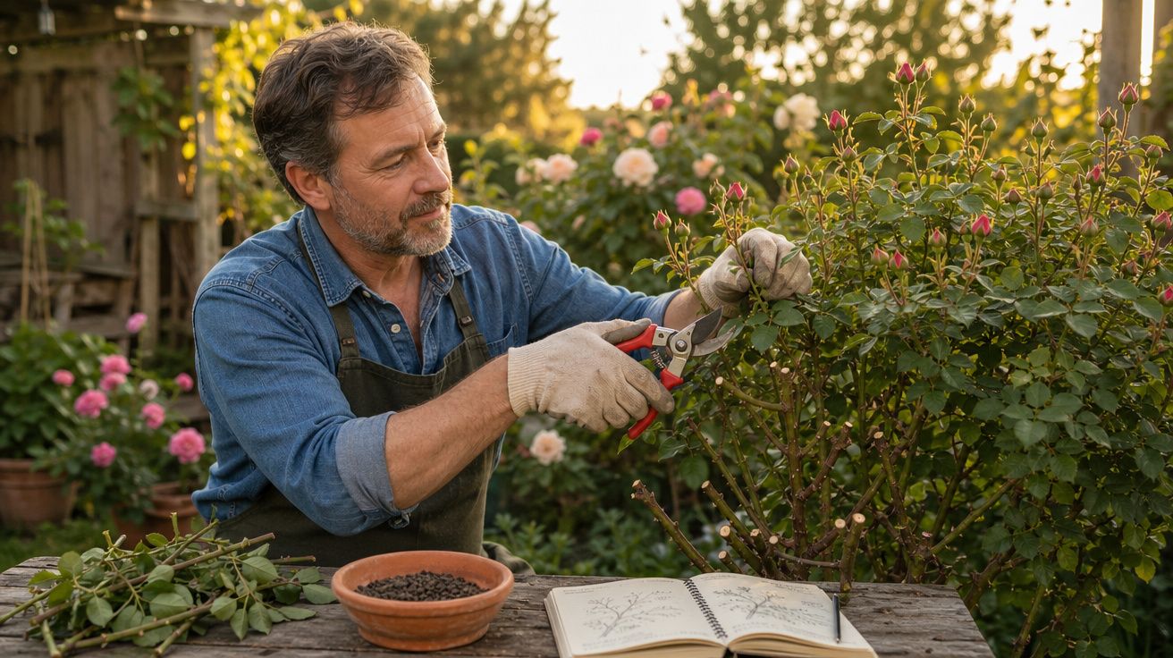 Homem a podar roseira com tesoura de jardim, ao ar livre, rodeado de flores e livro de notas.