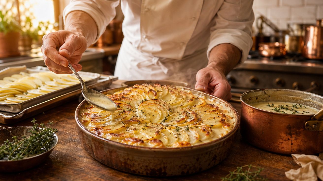 Pessoa a preparar gratinado de batata com ervas numa cozinha tradicional.
