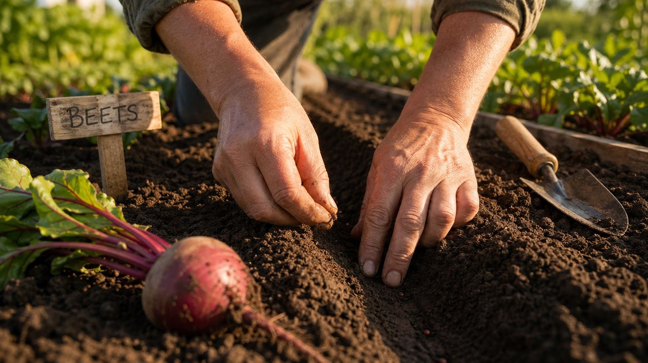 Pessoa a plantar sementes de beterraba em canteiro de terra num jardim durante o dia.