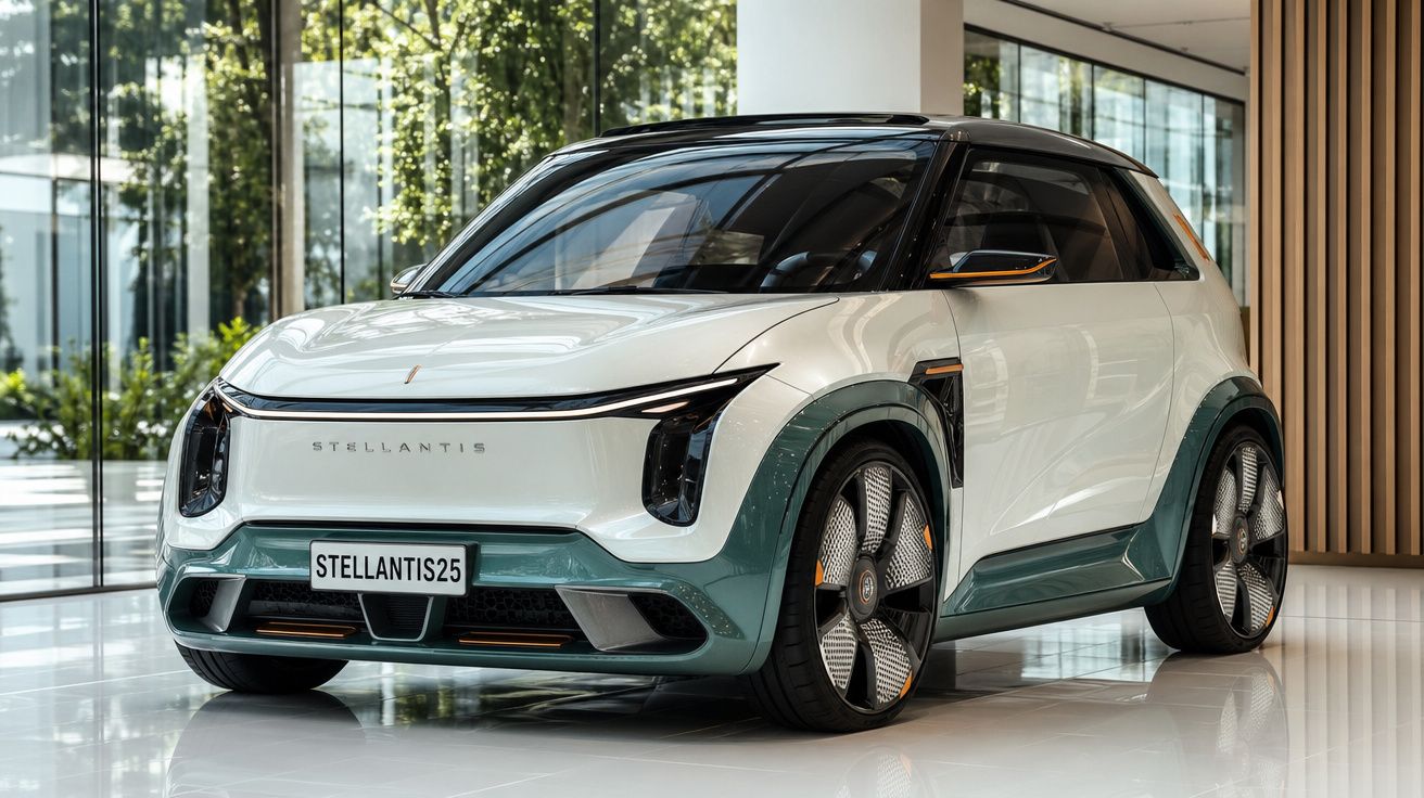 Carro elétrico compacto branco e verde com design moderno numa sala com grande janela de vidro.
