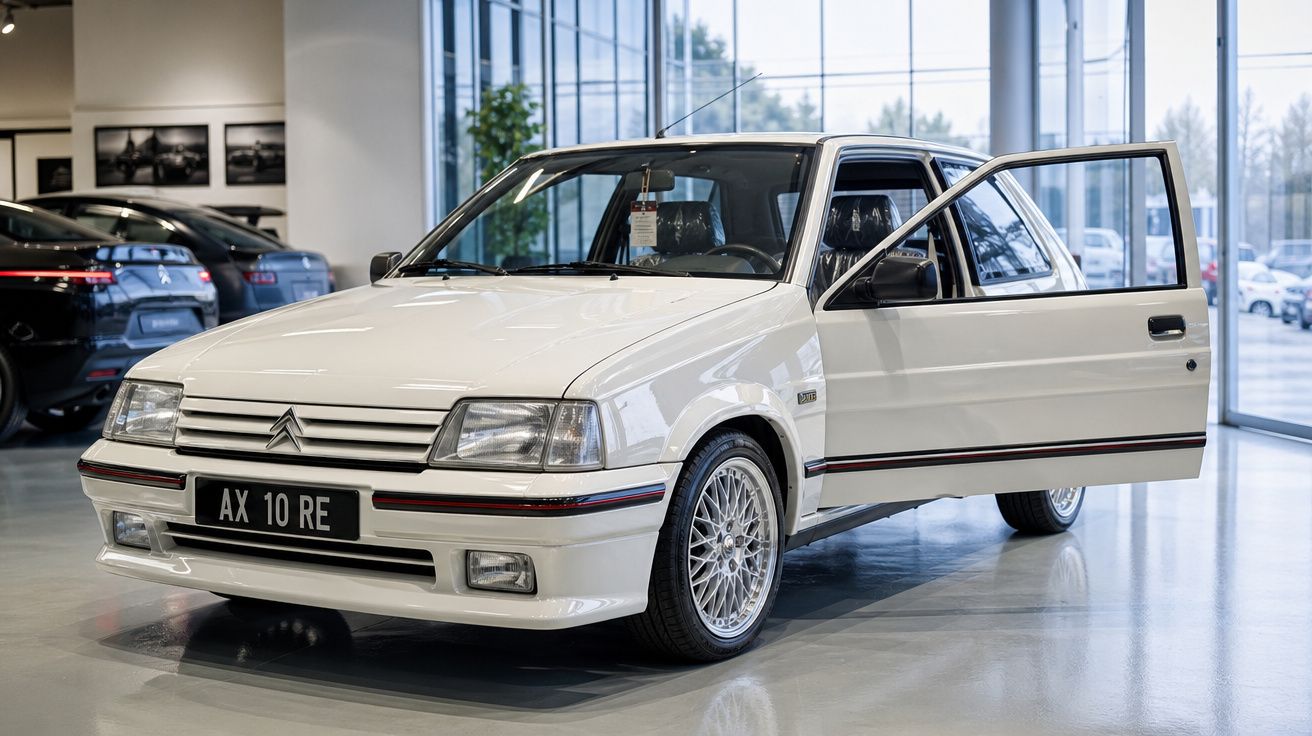 Carro Citroën branco clássico com portas abertas em salão de automóveis moderno e iluminado.