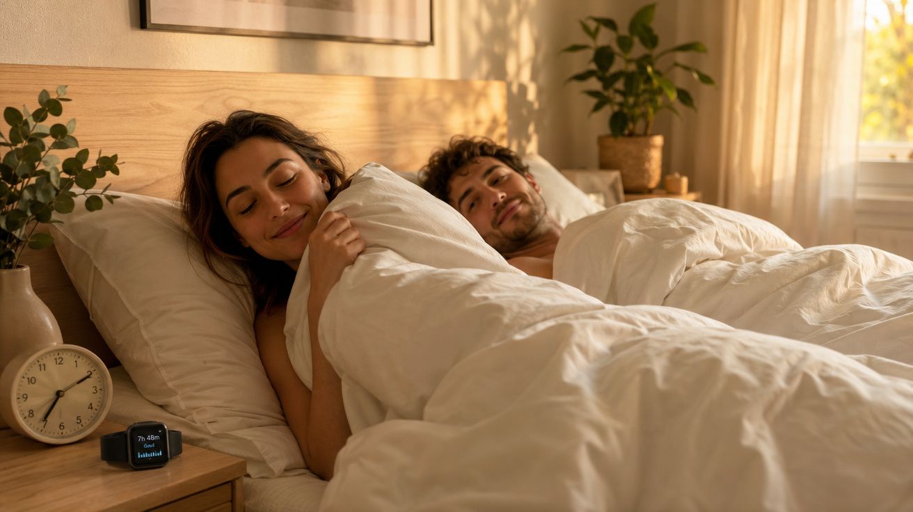 Casal deitado na cama com lençóis brancos, luz natural suave entrando pela janela.