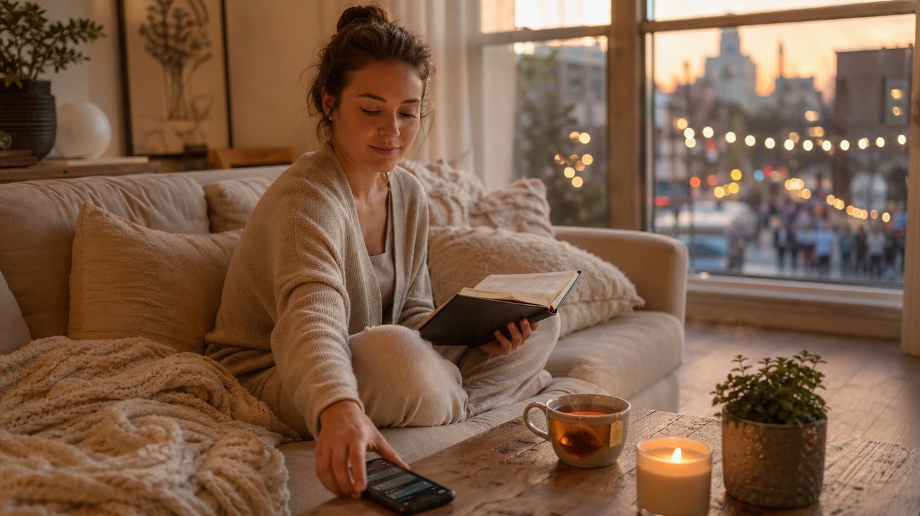 Jovem sentada num sofá confortável, lendo um livro ao entardecer, com chá e vela acesa numa mesa à frente.