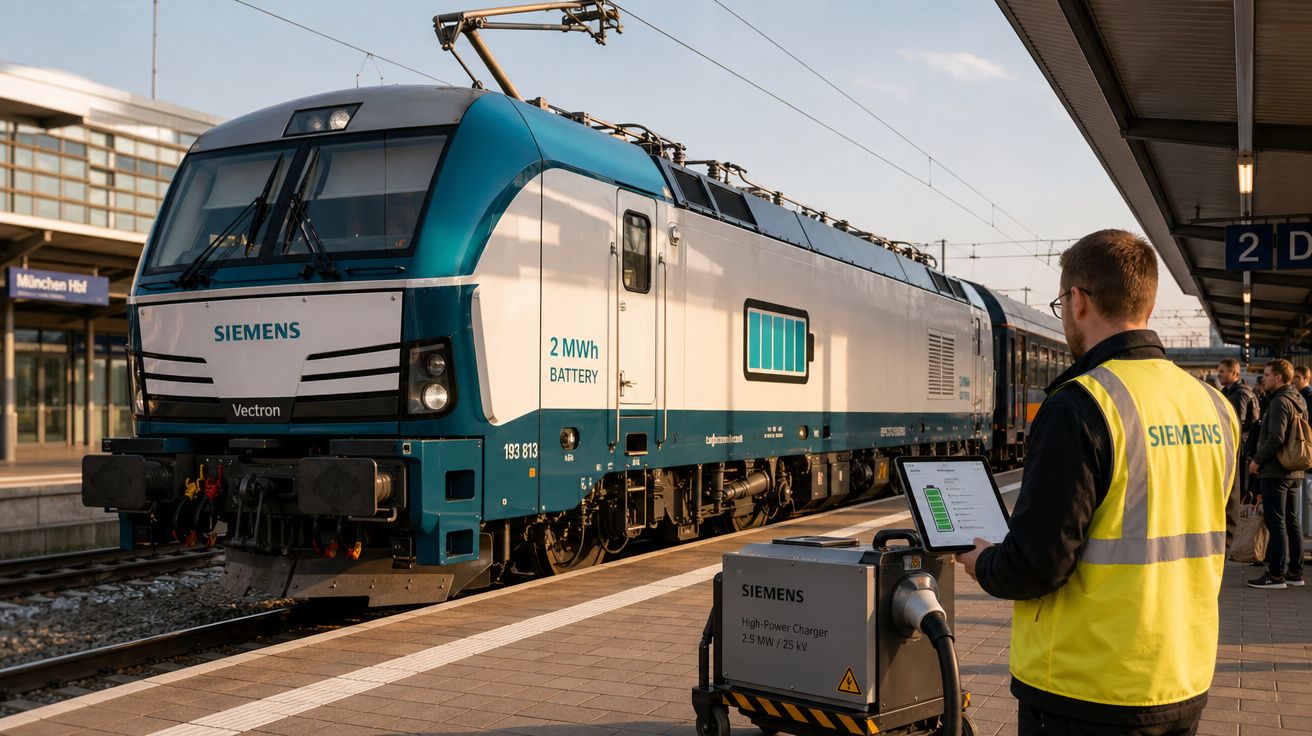 Comboio elétrico Siemens Vectron na estação München Hbf com técnico a monitorizar carregamento de bateria.