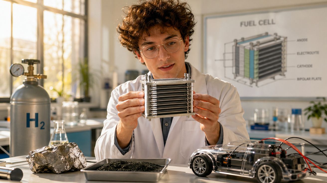 Cientista em laboratório observa célula de combustível com veículo elétrico em miniatura e cilindro de hidrogênio.