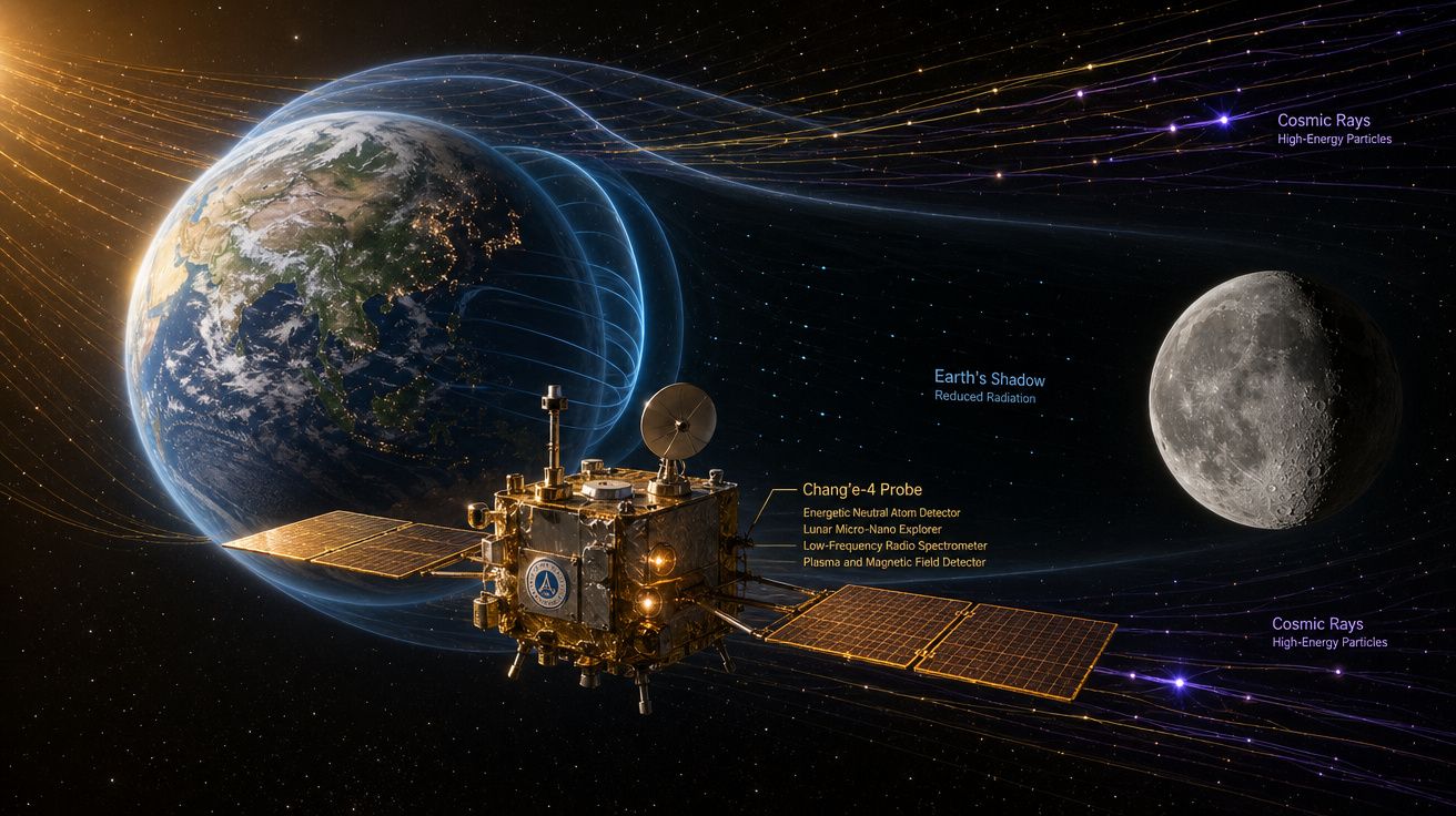 Sonda Chang'e-4 em órbita entre a Terra e a Lua, ilustrando proteção magnética e raios cósmicos.