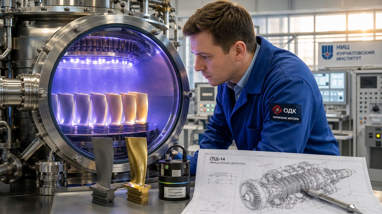 Homem em laboratório a analisar protótipos de pás de turbina e desenho técnico de motor aeronáutico.