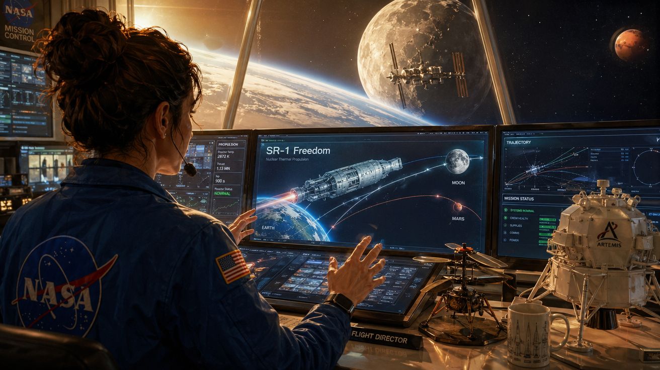 Astronauta na NASA controla missão espacial com monitores mostrando trajetória de nave entre Terra, Lua e Marte.