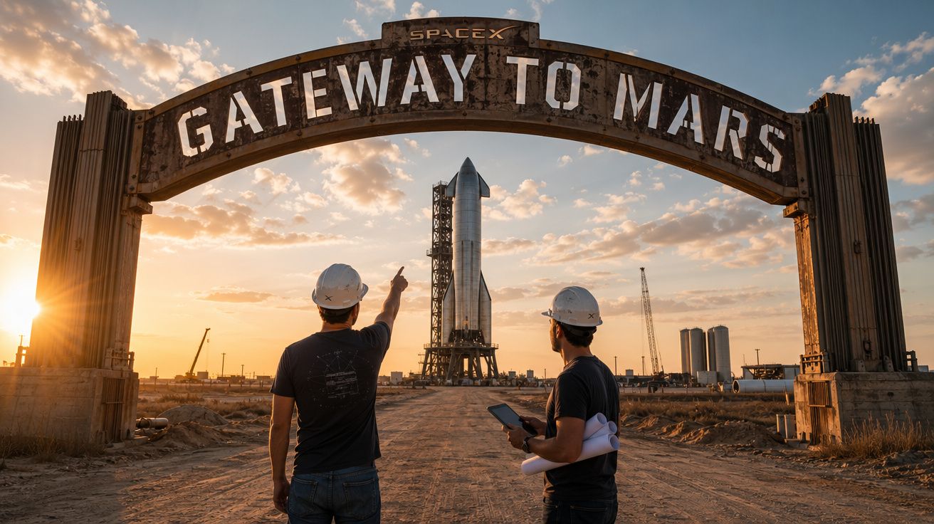 Dois engenheiros com capacetes observam foguetão SpaceX sob arco "Gateway to Mars" ao pôr do sol.