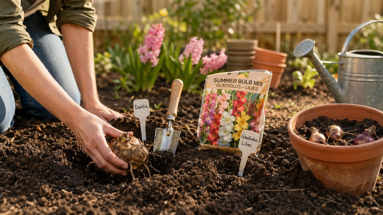 Pessoa a plantar bolbos de flores em terra fértil com ferramentas e regador por perto.